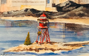 A painting depicting the Alpena Lighthouse with a red steel structure, located on a body of water with snow-covered black coal piles in the background, representing a Christmas-themed artwork.