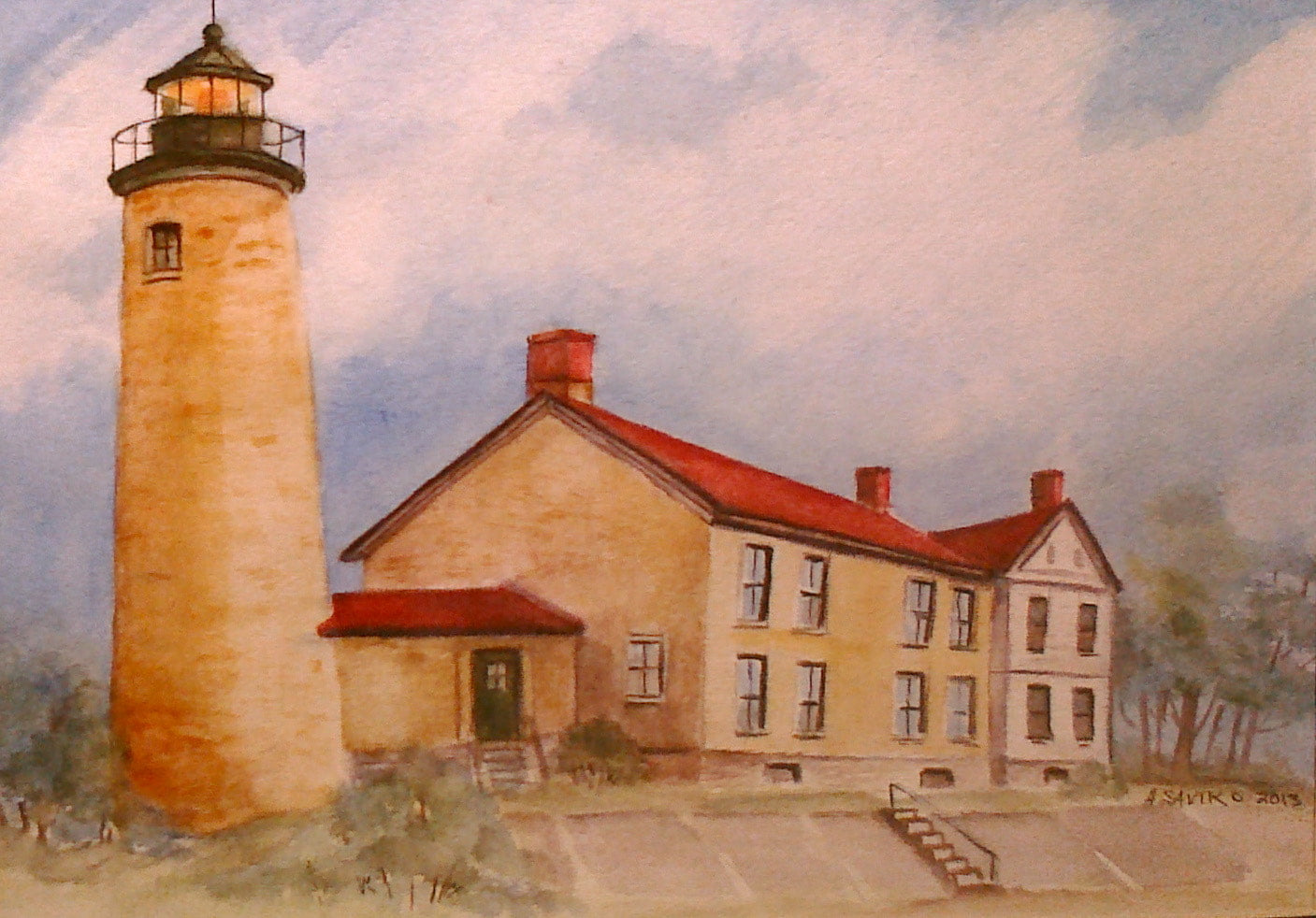 A painting of the Beaver Island Head South Lighthouse, featuring a cream-colored brick lighthouse with a keepers' house next to it, set against a backdrop of soft clouds and a blue sky.