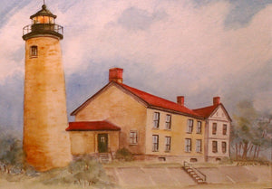 A painting of the Beaver Island Head South Lighthouse, featuring a cream-colored brick lighthouse with a keepers' house next to it, set against a backdrop of soft clouds and a blue sky.