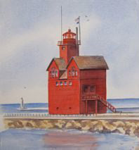 A watercolor painting of the Big Red Lighthouse in Holland, Michigan, with bold red color and white flag on the top.