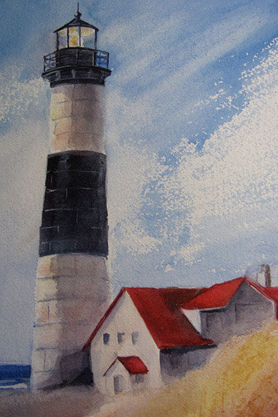 A painting of the Big Sable Point Lighthouse with a black-and-white steel tower, located next to a small house with a red roof on a grassy cliff overlooking Lake Michigan.