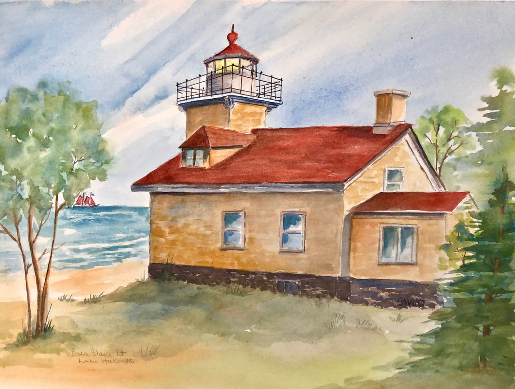 A watercolor painting of the Bois Blanc Island Lighthouse with a warm afternoon glow, surrounded by trees and a clear sky.