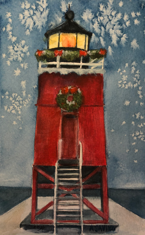 A vibrant painting of the Charlevoix South Pier Lighthouse decorated for Christmas with a red and white color scheme against a snowy background.