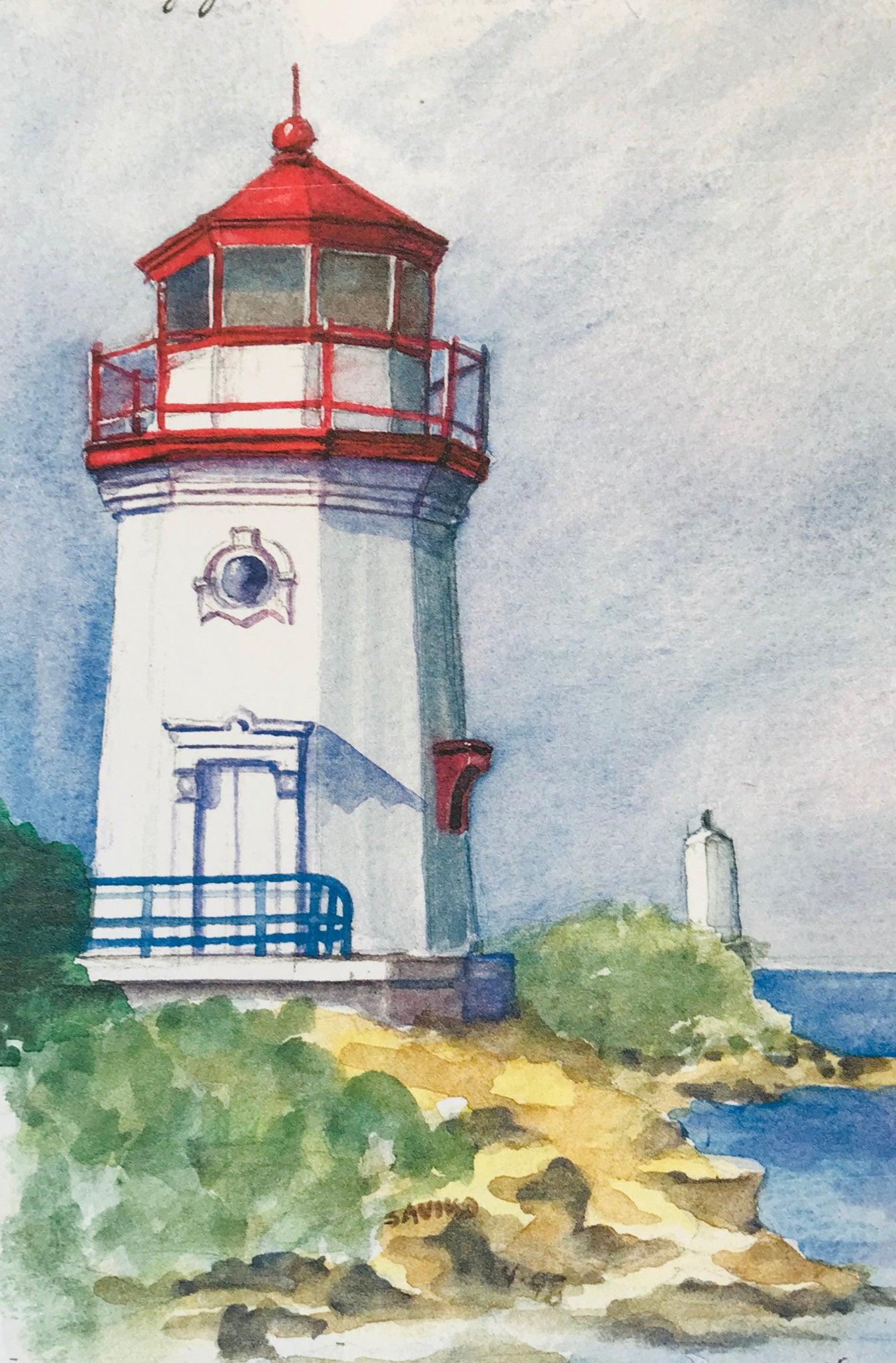 Watercolor painting of Cheboygan Crib lighthouse on a rocky shore with another lighthouse in the distance.