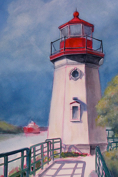 A watercolor painting of the Cheboygan Crib Light lighthouse with a red and white color scheme, located near a body of water with a small boat in the background.