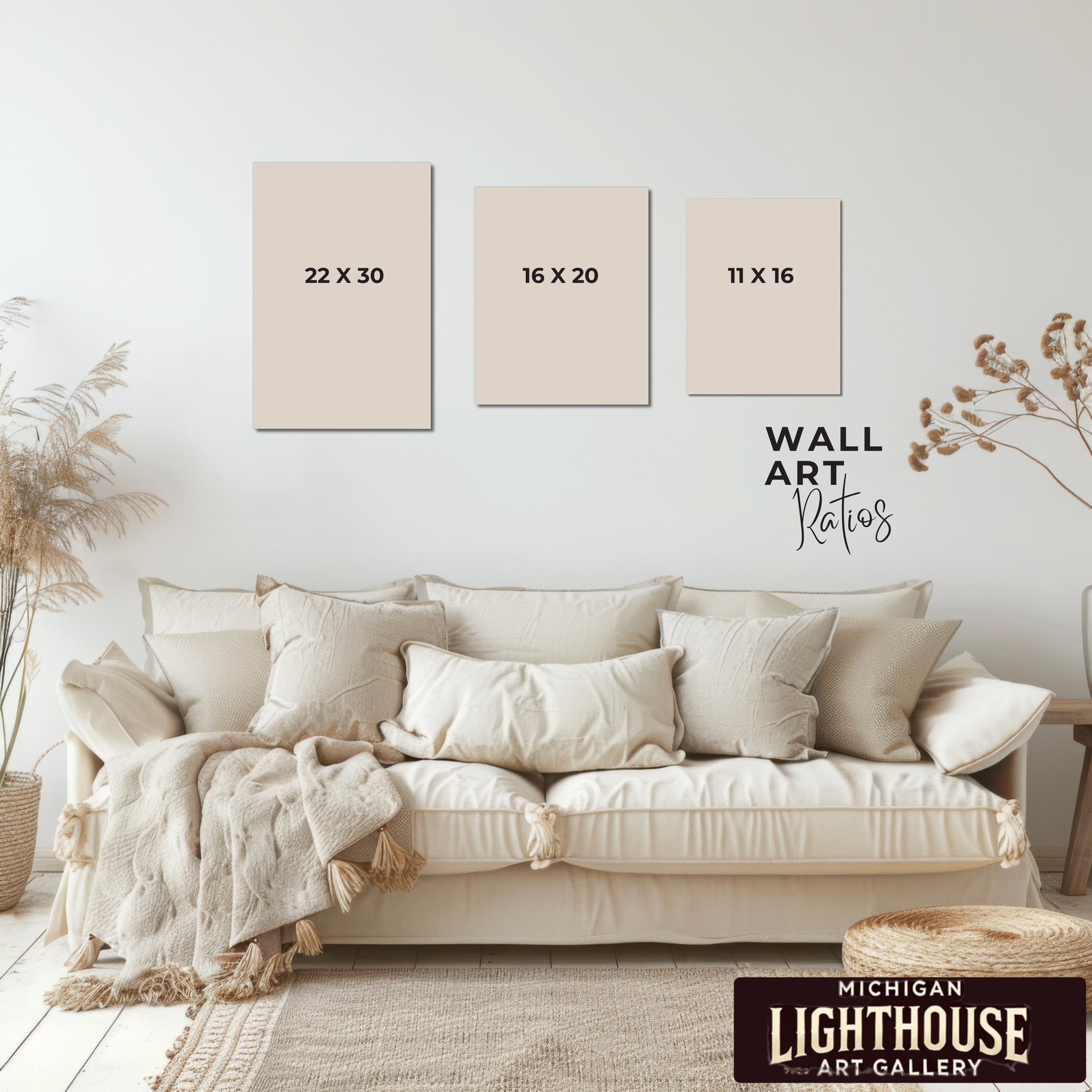 Beige sofa with decorative pillows in a room with wall art and measurements displayed.