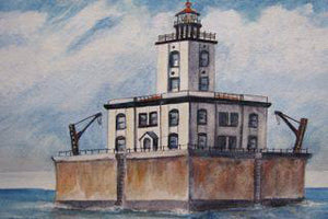 A watercolor painting of the Detour Reef Lighthouse with a white square structure and a red roof, situated on a shoal in Lake Huron.