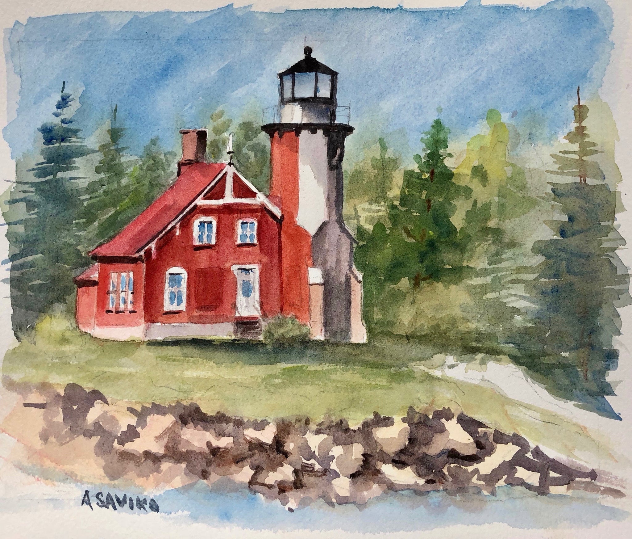 A painting of the Eagle Harbor Lighthouse with a red house, white trim, and a black lantern, set against a backdrop of green trees and a blue sky.