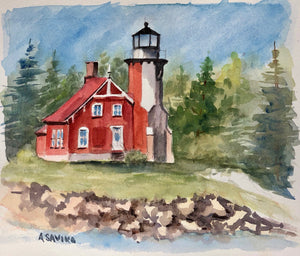 A painting of the Eagle Harbor Lighthouse with a red house, white trim, and a black lantern, set against a backdrop of green trees and a blue sky.