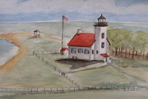 A watercolor painting of the Escanaba Sand Point Lighthouse with a red roof, white tower, and an American flag, set against a blue sky and green landscape.