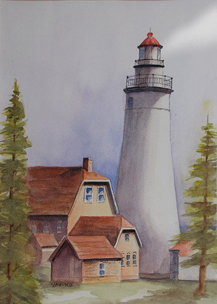 A painting of the Fort Gratiot Lighthouse with the keeper's quarters, surrounded by trees, at dusk.