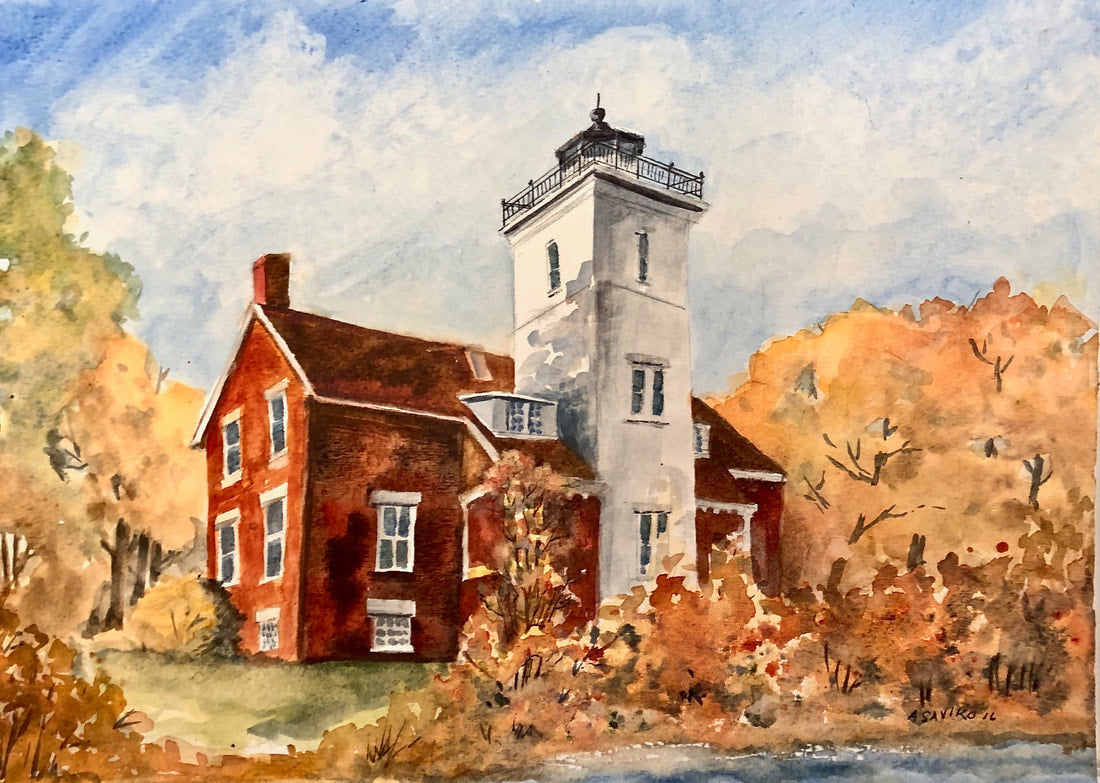 A painting of the Forty Mile Point Lighthouse with autumn colors in the background, including gold and russets, and a clear sky at the top.