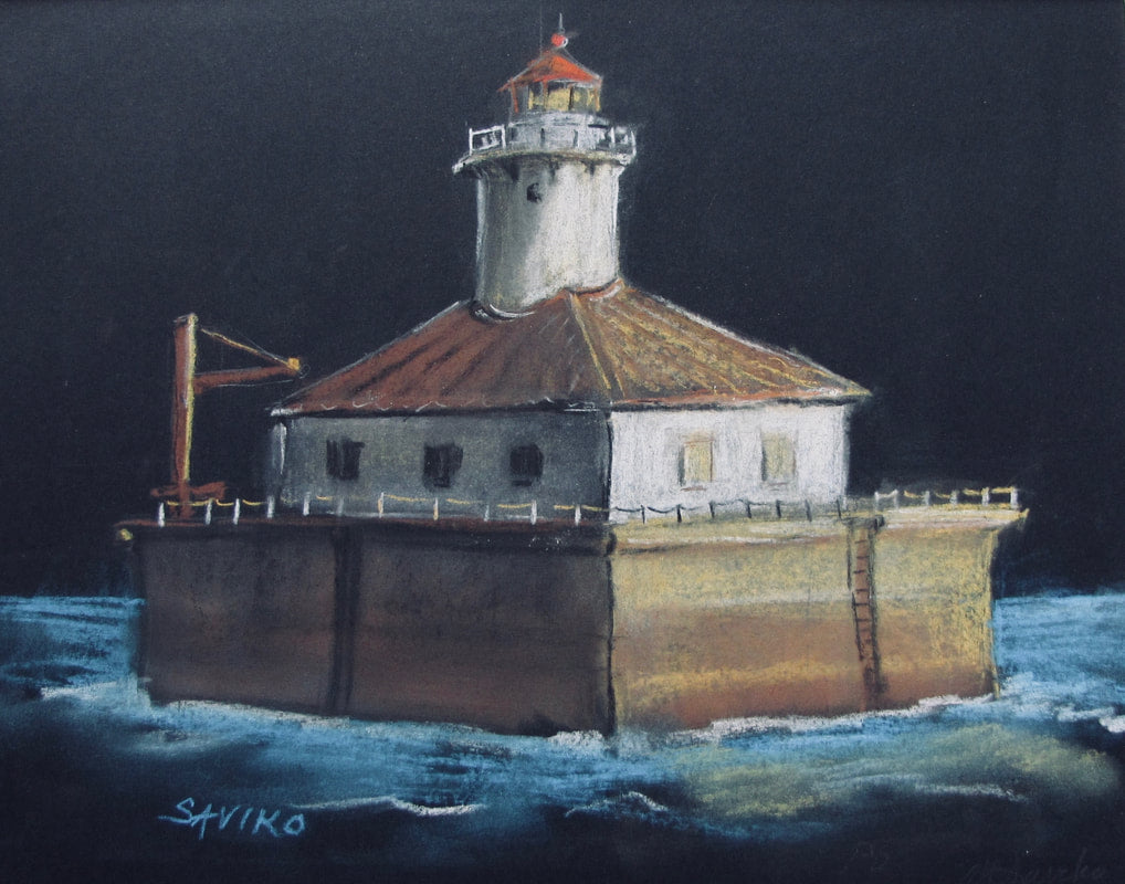 A watercolor painting of the Fourteen Mile Shoal Lighthouse with a dark sky backdrop, featuring a square base and a radio antenna.