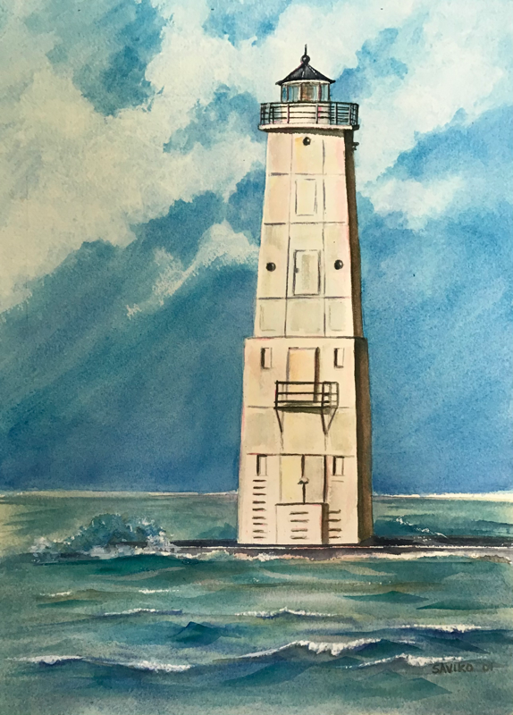 A watercolor painting of the Frankfort North Breakwater Lighthouse, which is a tall, white, four-sided steel pyramid tower, positioned at the end of a breakwater over blue choppy water, with a cloudy sky in the background.