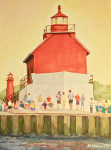 A vibrant watercolor painting of the Grand Haven Pier Lights featuring a red lighthouse and a smaller all-red structure, with a catwalk connecting them, and a group of people standing on the pier.