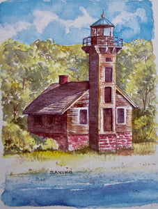 A painting of the Grand Island East Channel Light lighthouse with a backdrop of trees and Lake Superior.