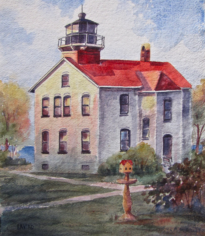 A watercolor painting of the Grand Traverse Cat's Head Lighthouse with a red roof, white walls, and a lighthouse tower on a late fall sunset.