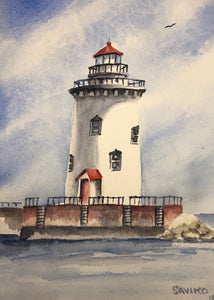 A painting of the Harbor Beach Breakwater Lighthouse with a white structure and red accents, located on a breakwater over a body of water with diagonal clouds in the background.