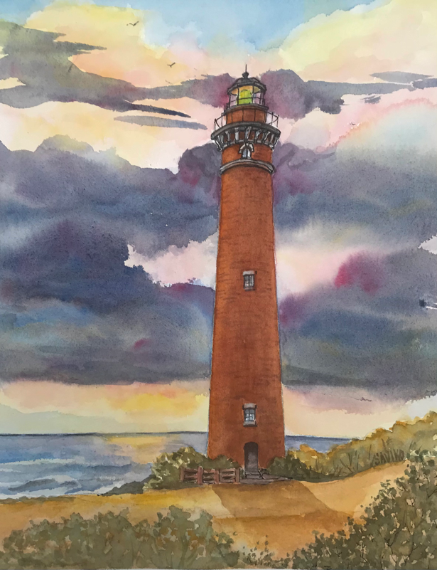 A painting of a tall lighthouse at Little Sable Point Sunset, with orange and pink sky, reflecting on the water below.
