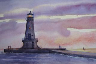 A watercolor painting of the Ludington North Pier Lighthouse with a violet, blue, and purple color scheme, depicting the lighthouse against a dusk or dawn sky.