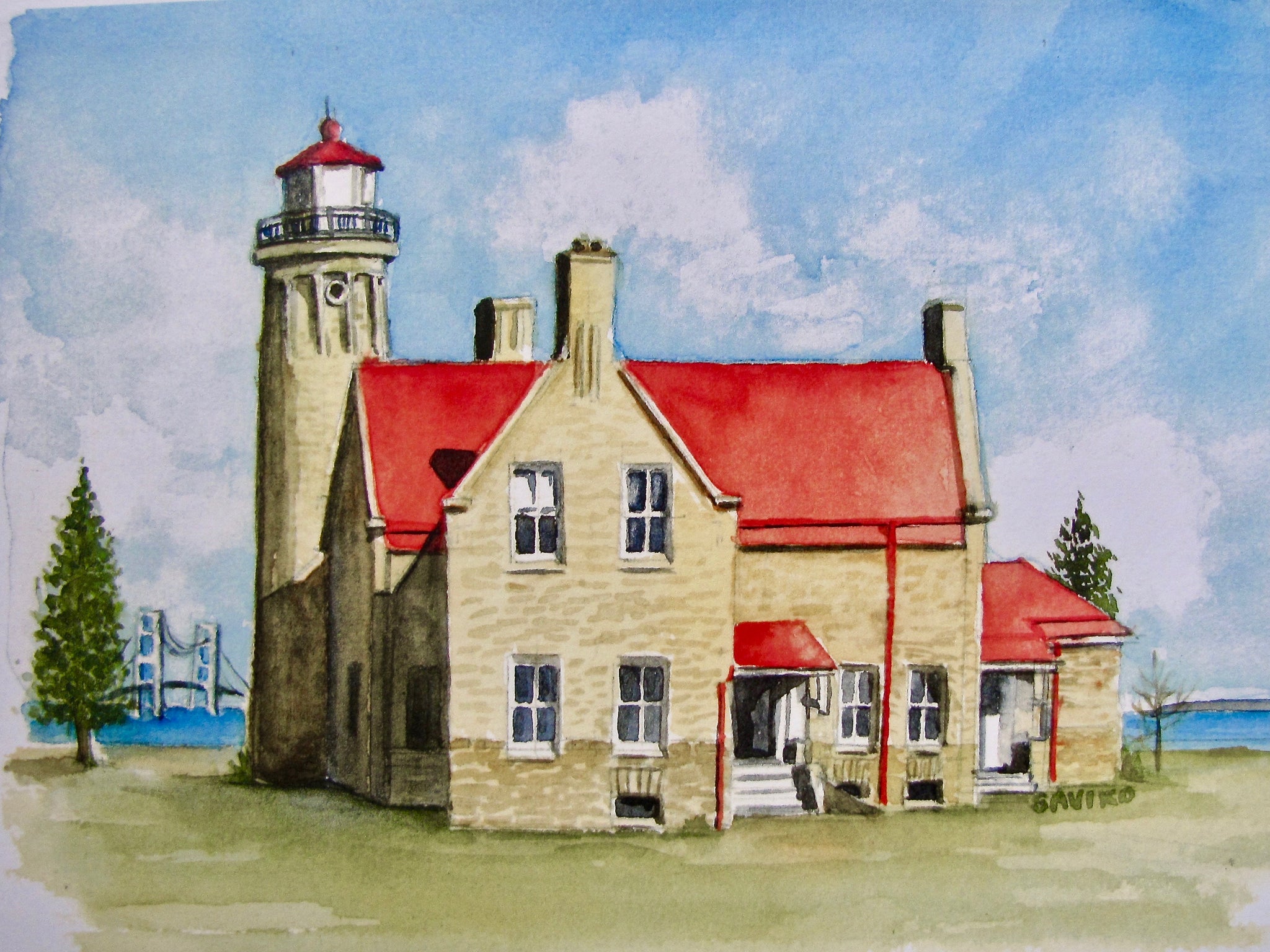 A painting of Mackinaw Point Lighthouse with the Mackinac Bridge in the background, depicted in the style of a watercolor.