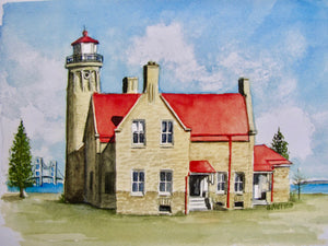 A painting of Mackinaw Point Lighthouse with the Mackinac Bridge in the background, depicted in the style of a watercolor.