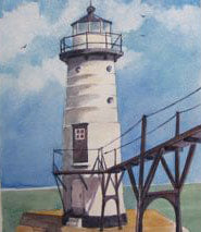 A painting of the Manistee North Pierhead Lighthouse with a white steel tower and black trim, featuring a black steel catwalk on the side.