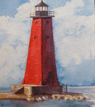 A watercolor painting of the Manistique East Breakwater Lighthouse with a bold red pyramid tower and a classic black lantern room, set against a backdrop of brilliant blue sky and soft clouds.