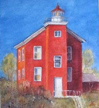 A painting of a red lighthouse on a high rocky point with a vibrant blue sky in the background.