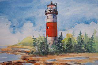 A painting of the Middle Island Lighthouse with a bright orange-red band encircling the tower, located on a lake with trees in the foreground.