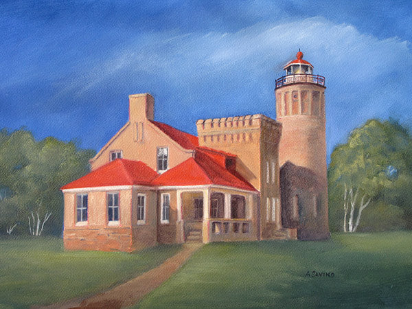 A watercolor painting of the Old Mackinaw Point Lighthouse with a castle-like parapet, bathed in the soft glow of a sunrise.