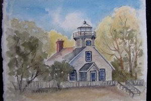 A watercolor painting of Old Mission Point Lighthouse in summer, with the lighthouse depicted amidst trees and soft sunlight illuminating the scene.