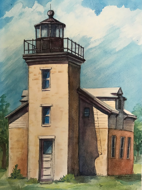 A watercolor painting of the Peninsula Point Lighthouse featuring a beige light tower with a black roof, set against a blue sky with clouds.