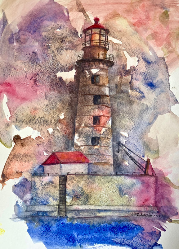 A colorful monolith style painting of the Spectacle Reef Lighthouse with vibrant watercolor splashes in the background.