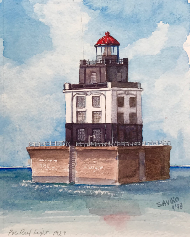 A watercolor painting of Poe Reef Lighthouse, featuring a black and white lighthouse on a shoal with a red-capped tower, set against a blue sky and body of water.