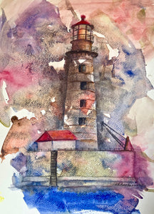 A colorful monolith style painting of the Spectacle Reef Lighthouse with vibrant watercolor splashes in the background.