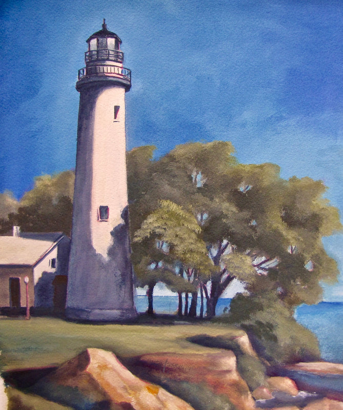 A vibrant painting depicting the Point Aux Barques Lighthouse at sunrise with a blue sky and Lake Huron in the background.