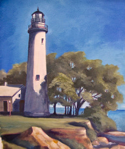 A vibrant painting depicting the Point Aux Barques Lighthouse at sunrise with a blue sky and Lake Huron in the background.