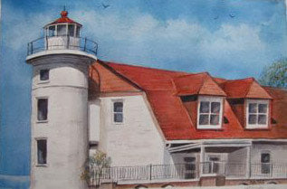 A painting of Point Betsie Lighthouse with a vibrant red roof, white tower, and historic keeper's quarters against a blue sky and Lake Michigan.