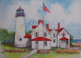 A painting of Point Iroquois Lighthouse with a white tower and red-roofed buildings, surrounded by a rock garden and a body of water in the background.