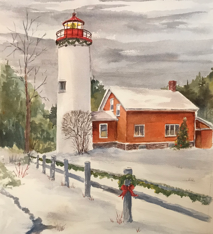 A watercolor painting of the Portage River Jacobsville Lighthouse with a Christmas decoration on the fence in front, set against a snowy backdrop.