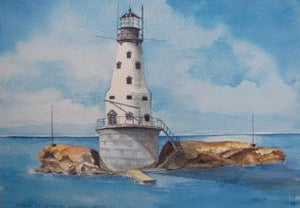 A watercolor painting of the Rock of Ages Lighthouse on Isle Royale, featuring a white light tower on a jagged rock with clear blue skies and blue waters.