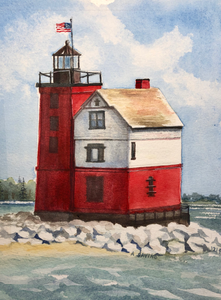 A watercolor painting of the Round Island Lighthouse with a vivid red exterior, white and black trim, and an American flag on top, set against a body of water and a sky with few clouds.