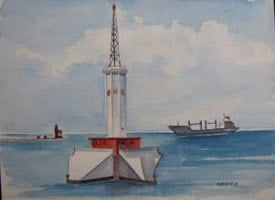 A painting of the Round Island Passage Lighthouse with a ship in the background, set against a blue sky and water.
