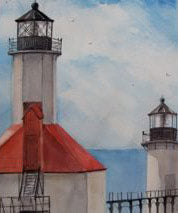 A watercolor painting of the Saint Joseph North Pier Lights lighthouse with a red roof, located on a pier over a body of water with a vivid blue sky in the background.