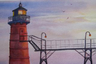 A watercolor painting of the South Haven Lighthouse in Michigan, featuring an all-red lighthouse with a catwalk, set against a twilight sky.
