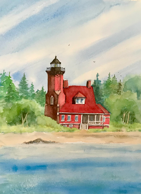 A watercolor painting of Squaw Island Lighthouse with a bold red roof, located on a lakeshore with trees in the background.