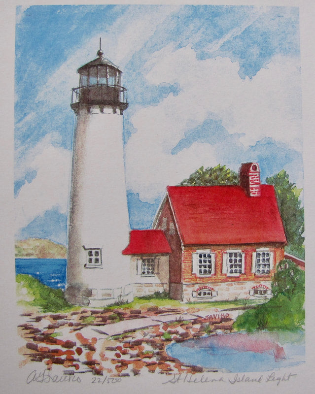 A painting of the St. Helena Island Lighthouse with a north view of the Straits, featuring a bright and clear composition with a lighthouse and keepers' house.
