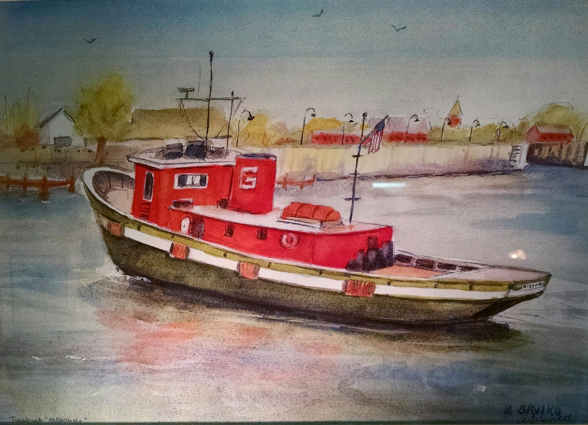 A watercolor painting of a red and white Missouri tugboat in St. Ignace Harbor, with green accents and a clear sky.