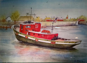A watercolor painting of a red and white Missouri tugboat in St. Ignace Harbor, with green accents and a clear sky.
